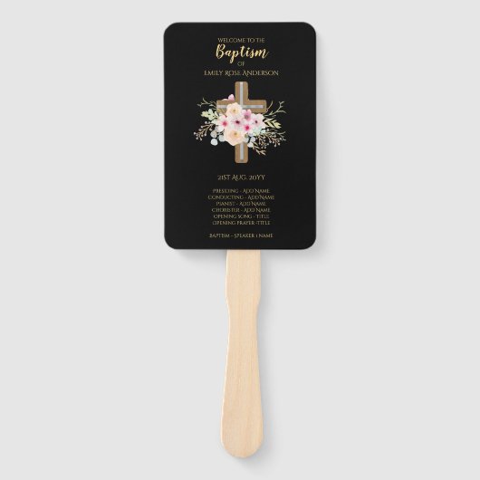 Doopprogramma Fan - Bloemkruis Zwart Goud Handwaaier (Voorkant)