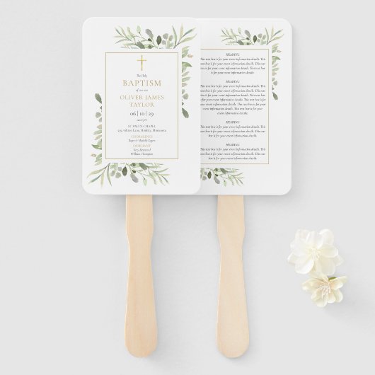 Doopprogramma Greenery Gold Cross Handwaaier (Voorkant en achterkant)