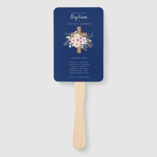 Doopprogramma ventilator - Bloemkruis Navyblauw Handwaaier (Voorkant)