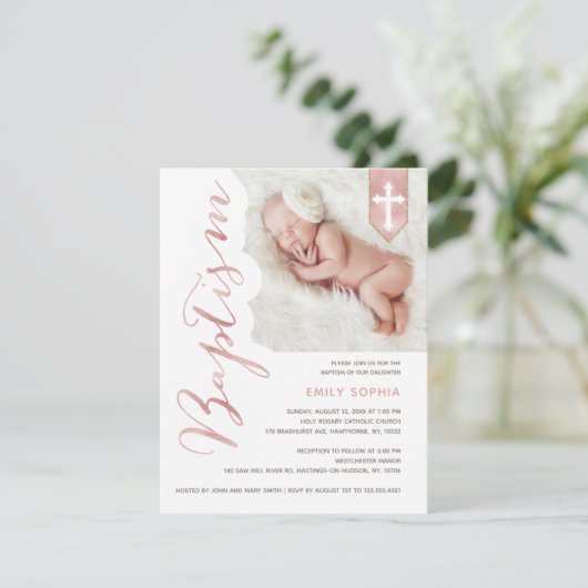 Doopscript Shiny Blush Photo Invitation Kaart (Staand voorkant)