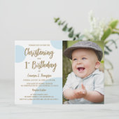 Doopsel 1e Verjaardag Foto Blauw Goud Custom Kaart (Staand voorkant)