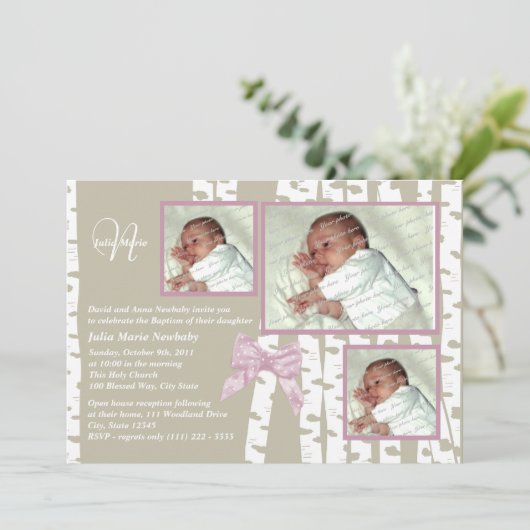 Doopsel Baby Birch Foto Roze Kaart (Staand voorkant)