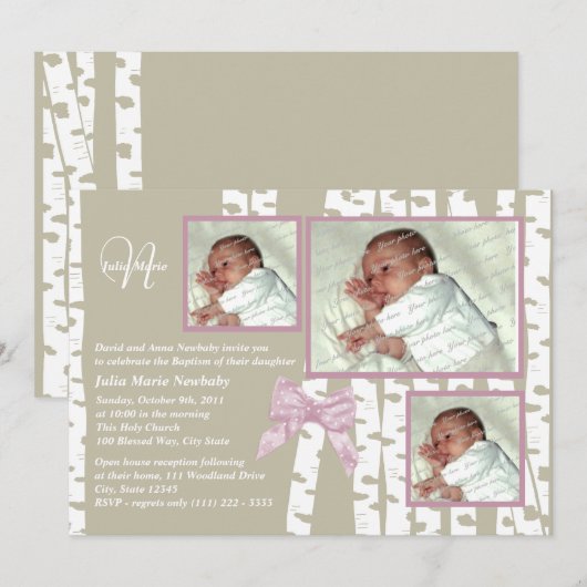 Doopsel Baby Birch Foto Roze Kaart (Voorkant / Achterkant)