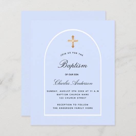 Doopsel blauw baby jongen boog uitnodiging (Voorkant / Achterkant)