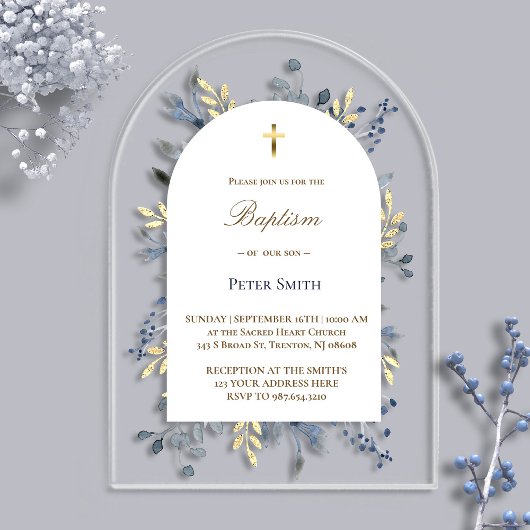Doopsel blauw gebladerte acryl uitnodiging