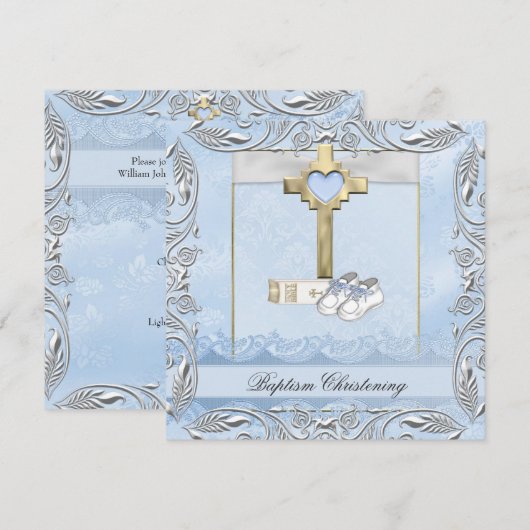 Doopsel Blauw Kruis Jongen Damask doopbijbel Kaart (Voorkant / Achterkant)