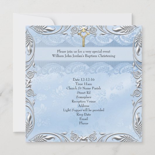 Doopsel Blauw Kruis Jongen Damask doopbijbel Kaart (Achterkant)