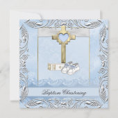 Doopsel Blauw Kruis Jongen Damask doopbijbel Kaart (Voorkant)