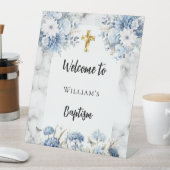 Doopsel blauwe bloemen marmeren boog welkom reclamebord met voetstuk (Insitu)