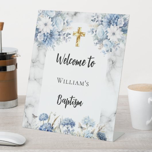 Doopsel blauwe bloemen marmeren boog welkom reclamebord met voetstuk (Insitu)