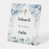 Doopsel blauwe bloemen marmeren boog welkom reclamebord met voetstuk (Voorkant)
