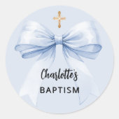Doopsel blauwe boog jongen kruis ronde sticker (Voorkant)