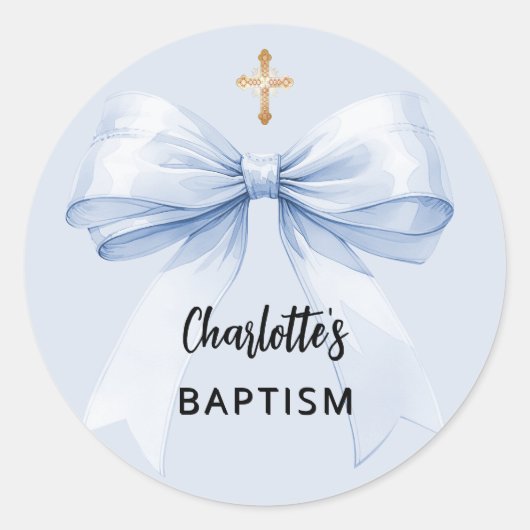 Doopsel blauwe boog jongen kruis ronde sticker (Voorkant)