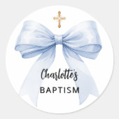 Doopsel blauwe boog jongen kruis ronde sticker (Voorkant)