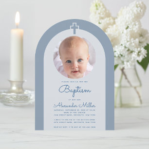 Doopsel Boog Jongen Foto Dusty Blue Christening Kaart