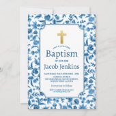 Doopsel doopsel Blauw Wit Bloemen Gouden Kruis Kaart (Voorkant)