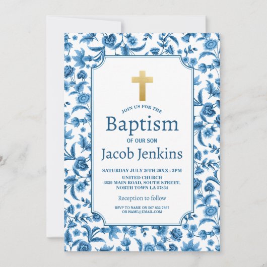 Doopsel doopsel Blauw Wit Bloemen Gouden Kruis Kaart (Voorkant)