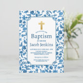 Doopsel doopsel Blauw Wit Bloemen Gouden Kruis Kaart (Staand voorkant)