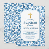 Doopsel doopsel Blauw Wit Bloemen Gouden Kruis Kaart (Voorkant / Achterkant)