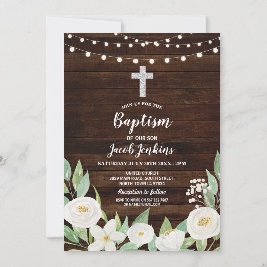 Doopsel doopsel witte bloemen rustiek hout kaart (Voorkant)