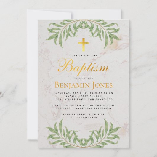 Doopsel Foliage Faux Gold Cross Calligrafie Marmer Kaart (Voorkant)