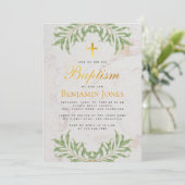 Doopsel Foliage Faux Gold Cross Calligrafie Marmer Kaart (Staand voorkant)