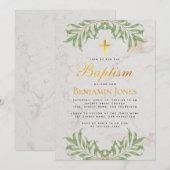 Doopsel Foliage Faux Gold Cross Calligrafie Marmer Kaart (Voorkant / Achterkant)