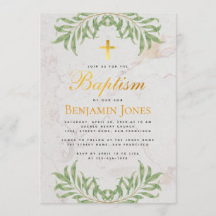 Doopsel Foliage Faux Gold Cross Calligrafie Marmer Kaart