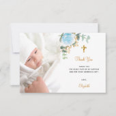 Doopsel foto blauw bloemenjongen goud bedankkaart (Voorkant)