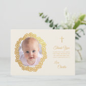 Doopsel Foto Bloemen Krans Script Faux Gold Ivory Bedankkaart (Staand voorkant)
