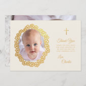 Doopsel Foto Bloemen Krans Script Faux Gold Ivory Bedankkaart (Voorkant / Achterkant)