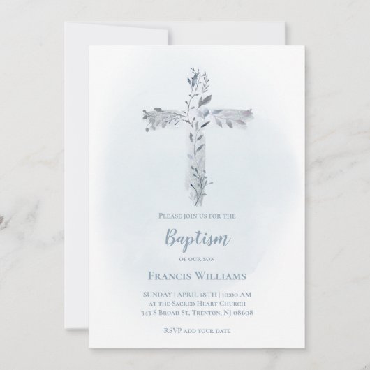 Doopsel grijs blauw waterverf loof kruis kaart (Voorkant)