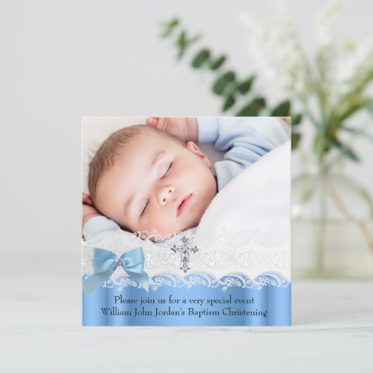 Doopsel Jongen Blauw Wit Kant Foto Juweel Kruis Bo Kaart (Staand voorkant)