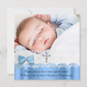 Doopsel Jongen Blauw Wit Kant Foto Juweel Kruis Bo Kaart (Voorkant)