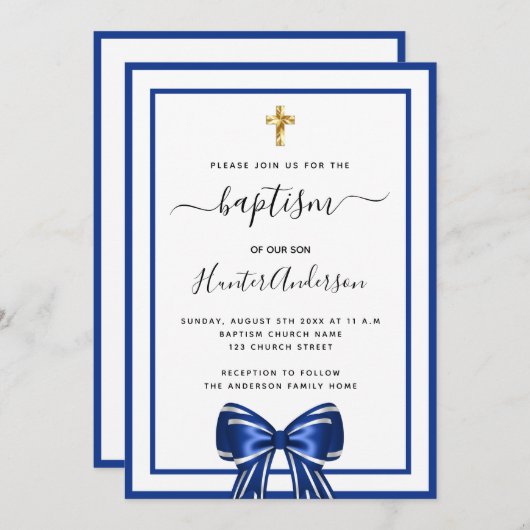 Doopsel jongen koninklijk blauw witte boog script kaart (Voorkant / Achterkant)