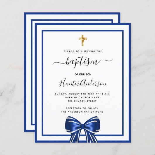 Doopsel jongen koninklijk blauw witte boog uitnodi (Voorkant / Achterkant)
