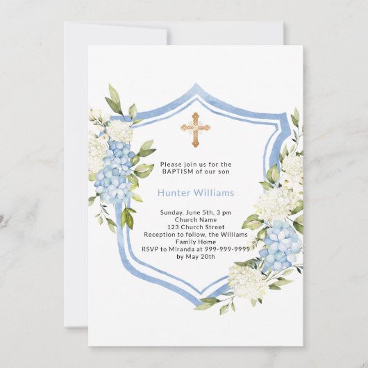 Doopsel kam blauwe bloemen jongen kaart (Voorkant)