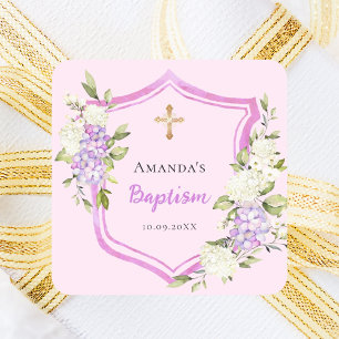 Doopsel kam roze paarse bloemen meisje vierkante sticker