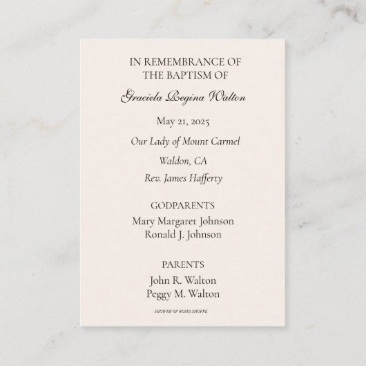 Doopsel Meisje Bloemen Roze Herdenking Heilige Kaa Visitekaartje (Achterkant)