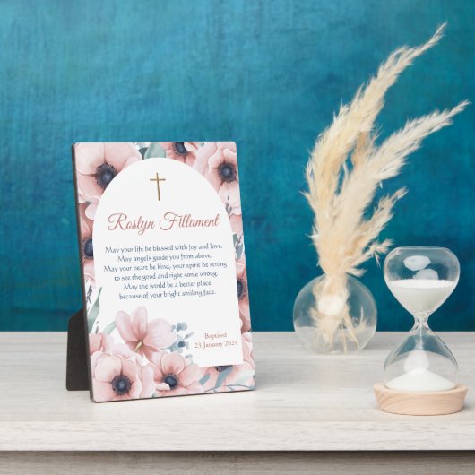 Doopsel Meisje Grote Roze Bloemen Rond Grens Fotoplaat (Zijkant)