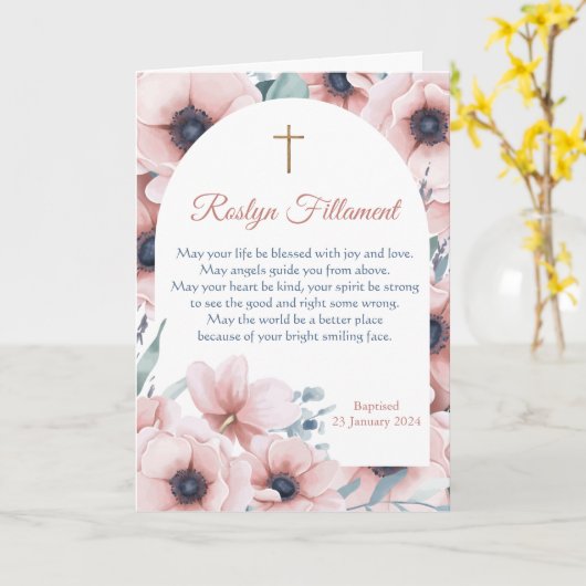 Doopsel Meisje Grote Roze Bloemen Rond Grens Kaart (Gele Bloem)