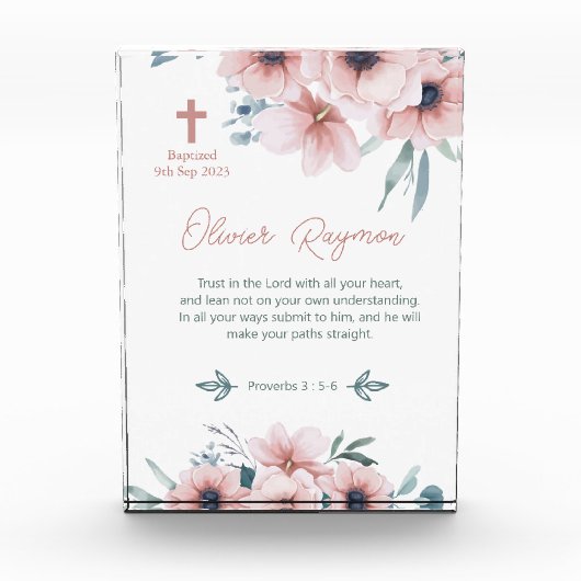 Doopsel Meisje Roze Bloemen Fotoblokken (Voorkant)