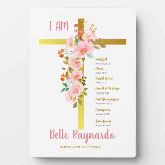 Doopsel Meisje roze en rode bloemen op kruisbeeld Fotoplaat (voorkant)