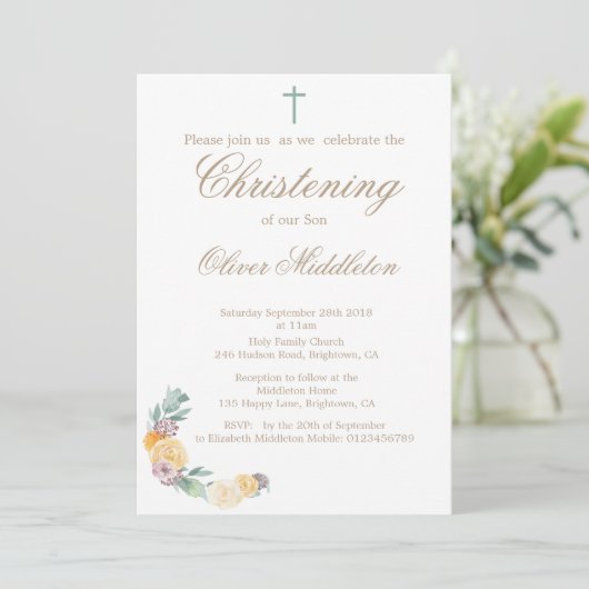 Doopsel of Doop Bloemen Groene Uitnodiging (Staand voorkant)