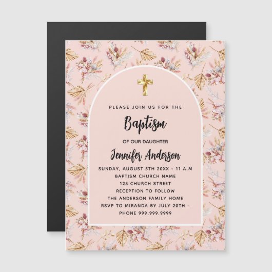 Doopsel pampas bloemetjes roos goudroze luxe magnetische uitnodiging (Voorkant / Achterkant)