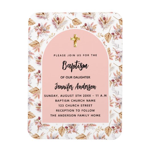 Doopsel pampas bloemetjes roos goudroze uitnodigin magneet (Verticaal)