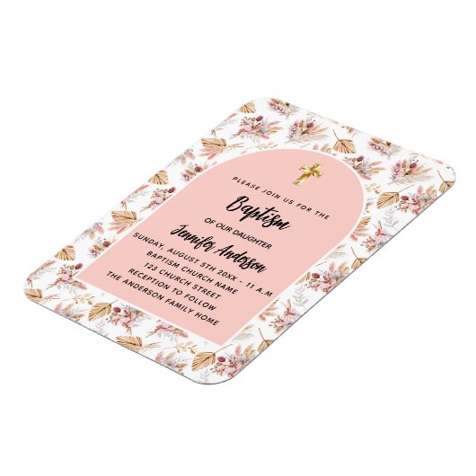 Doopsel pampas bloemetjes roos goudroze uitnodigin magneet (Linkerzijde)