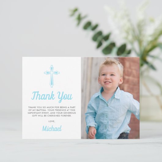Doopsel Religious Boy Fotodoop Bedankkaart (Staand voorkant)