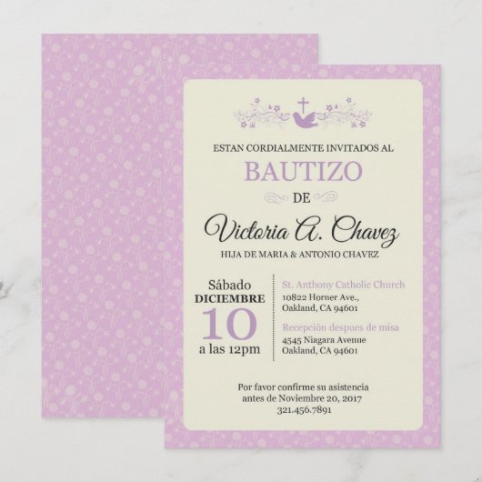 Doopsel Roze Uitnodiging - Spaans (Voorkant / Achterkant)
