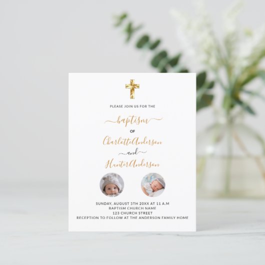 Doopsel tweeling witte foto uitnodiging (Staand voorkant)